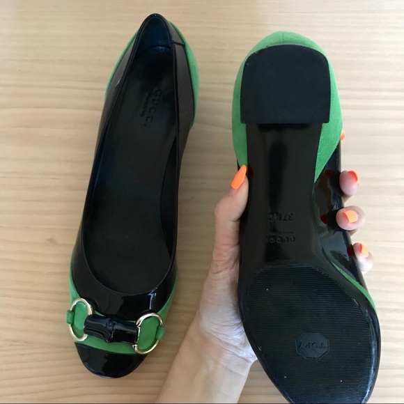 Authentic vintage Gucci classic horse bit buckle leather block heels green suede - Picture 3 of 6